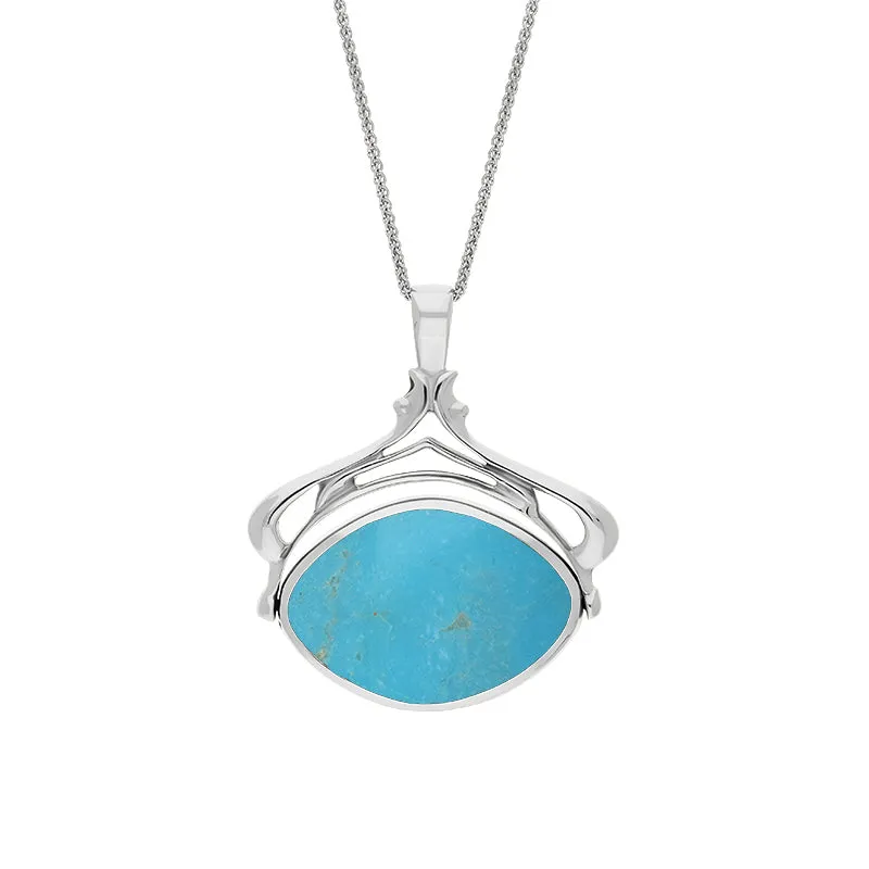 9ct White Gold Whitby Jet Turquoise Marquise Swivel Fob Necklace