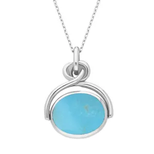 9ct White Gold Whitby Jet Turquoise Oval Swivel Fob Necklace