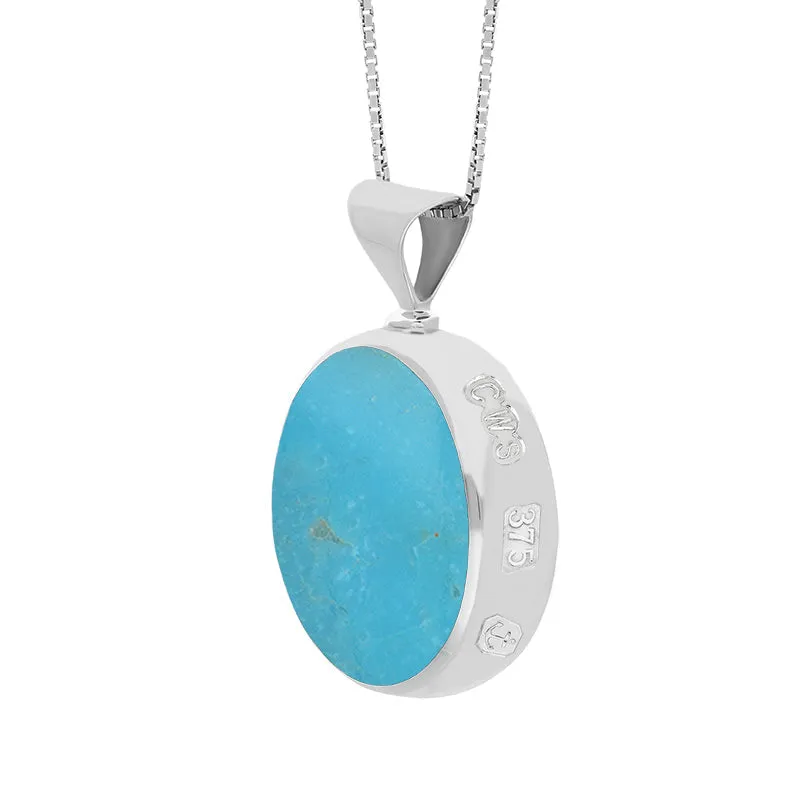 9ct White Gold Whitby Jet Turquoise Queens Jubilee Hallmark Double Sided Round Necklace D