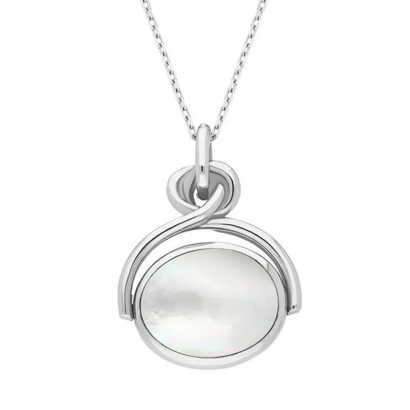 9ct White Gold Whitby Jet White Mother of Pearl Oval Swivel Fob Necklace