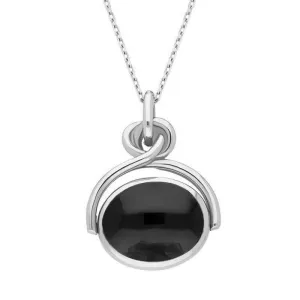 9ct White Gold Whitby Jet White Mother of Pearl Oval Swivel Fob Necklace