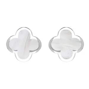 9ct White Gold White Mother of Pearl Bloom Four Leaf Clover Stud Earrings
