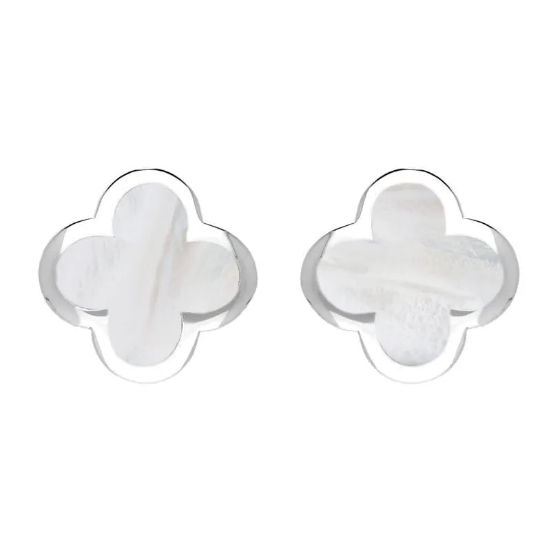 9ct White Gold White Mother of Pearl Bloom Four Leaf Clover Stud Earrings