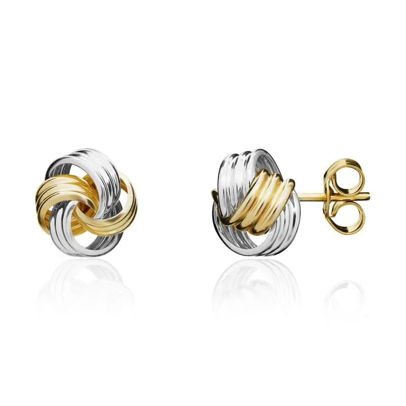 9ct Yellow and White Gold 8.5mm Ribbed Loop Knot Stud Earrings
