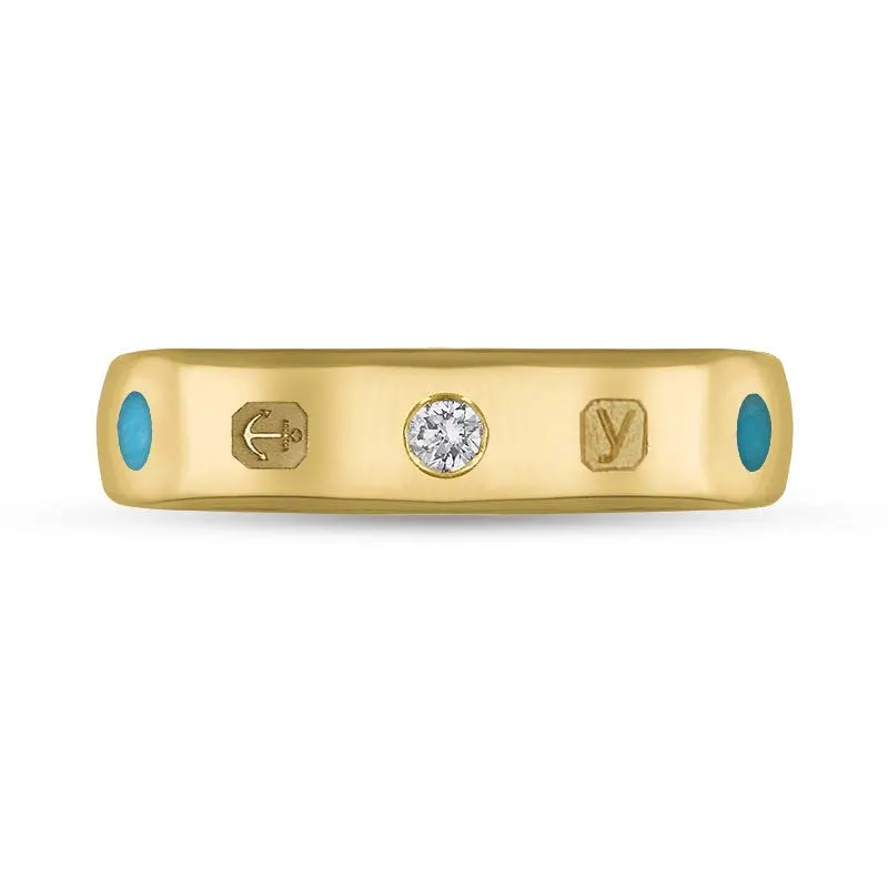 9ct Yellow Gold 0.08ct Diamond Turquoise King's Coronation Hallmark 5mm Ring D