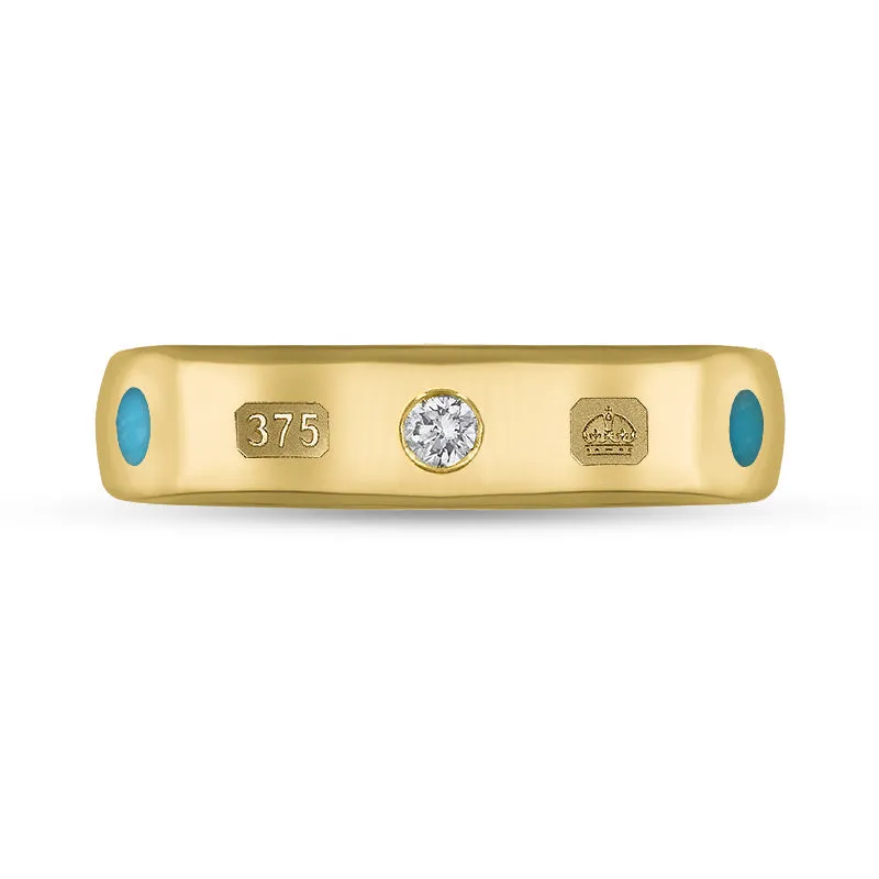9ct Yellow Gold 0.08ct Diamond Turquoise King's Coronation Hallmark 5mm Ring D