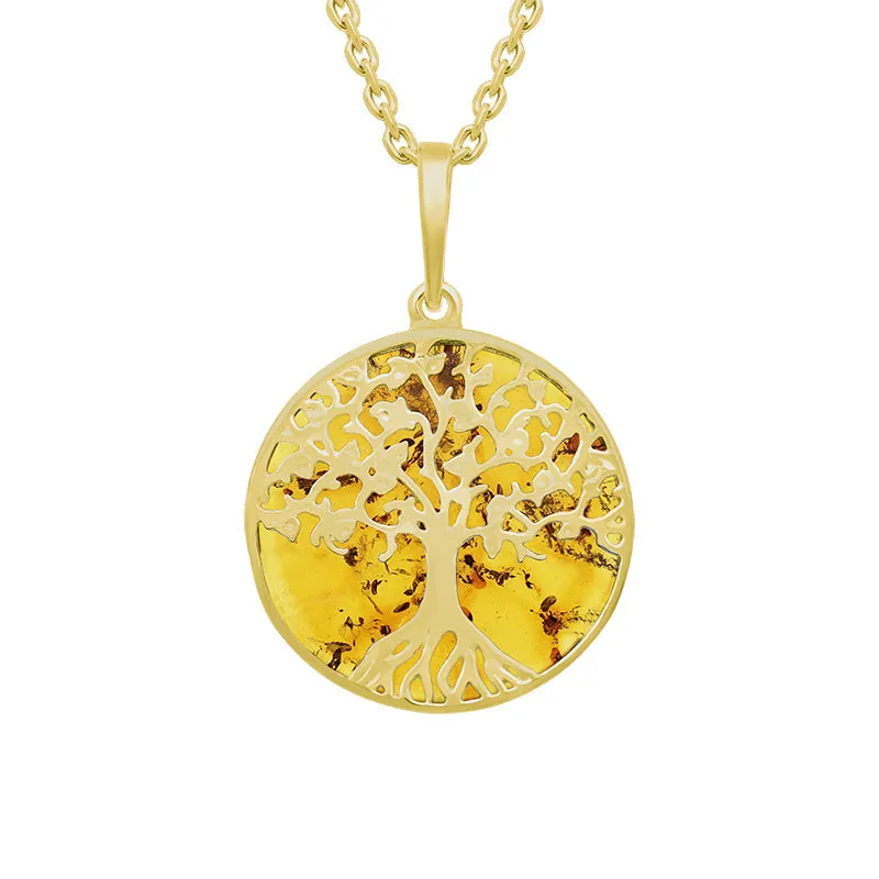 9ct Yellow Gold Amber Round Tree of Life Necklace