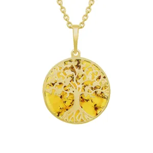 9ct Yellow Gold Amber Round Tree of Life Necklace