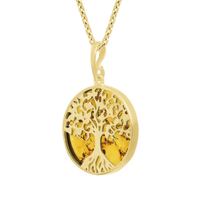9ct Yellow Gold Amber Round Tree of Life Necklace