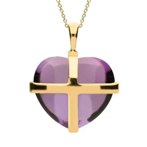 9ct Yellow Gold Amethyst Large Cross Heart Necklace D