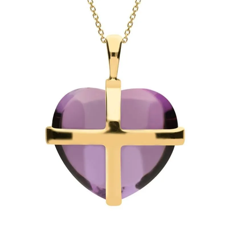 9ct Yellow Gold Amethyst Large Cross Heart Necklace D