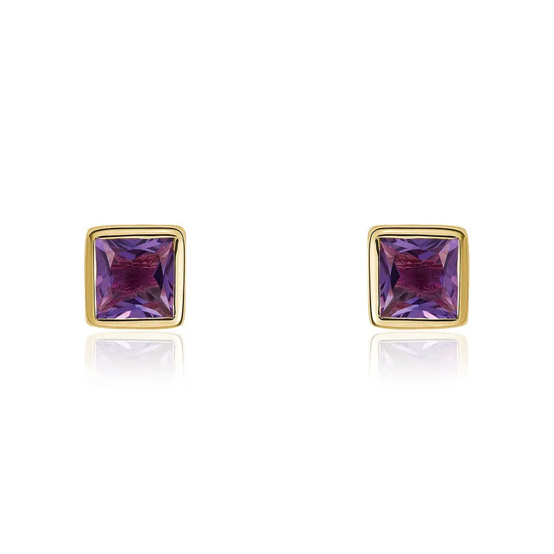 9ct Yellow Gold Amethyst Princess Cut 3mm Stud Earrings D
