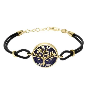 9ct Yellow Gold Blue Goldstone Cord Round Large Leaves Tree Of Life Bracelet