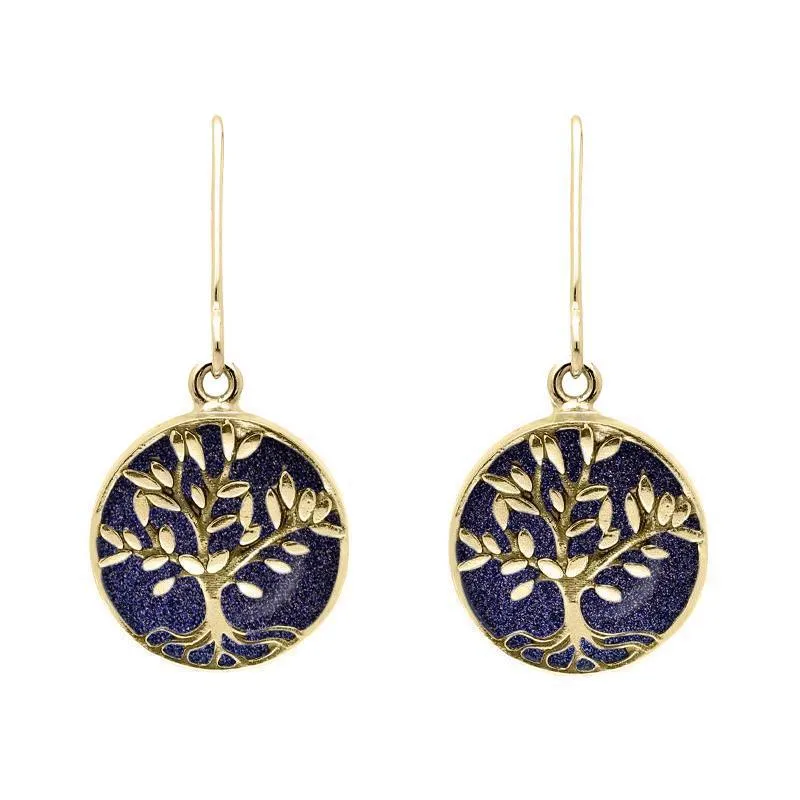 9ct Yellow Gold Blue Goldstone Round Large Tree of Life Leaves Drop Earrings