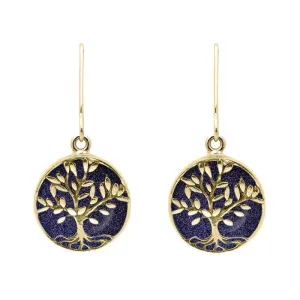 9ct Yellow Gold Blue Goldstone Round Large Tree of Life Leaves Drop Earrings
