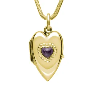 9ct Yellow Gold Blue John Beaded Edge Heart Locket Necklace