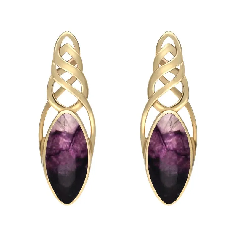 9ct Yellow Gold Blue John Celtic Long Marquise Stud Earrings