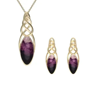 9ct Yellow Gold Blue John Marquise Pierced Long Two Piece Set
