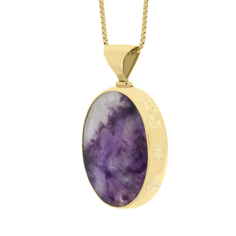 9ct Yellow Gold Blue John Mother of Pearl King's Coronation Hallmark Double Sided Oval Necklace D