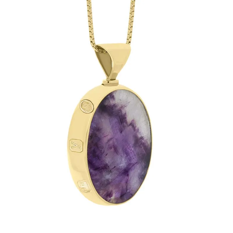 9ct Yellow Gold Blue John Mother of Pearl King's Coronation Hallmark Double Sided Oval Necklace D