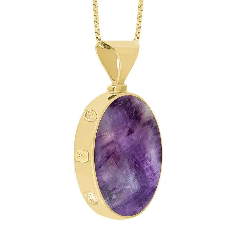 9ct Yellow Gold Blue John Mother of Pearl King's Coronation Hallmark Double Sided Oval Necklace D