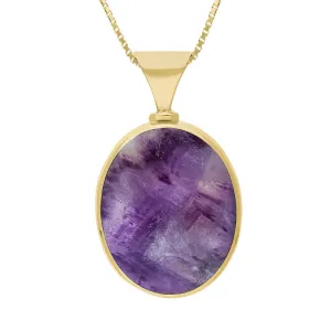 9ct Yellow Gold Blue John Mother of Pearl King's Coronation Hallmark Double Sided Oval Necklace D