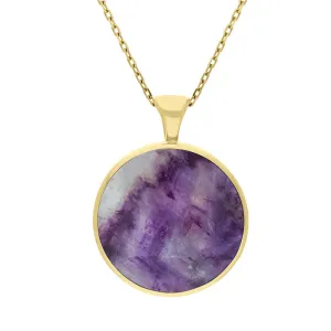 9ct Yellow Gold Blue John Mother Of Pearl Large Double Sided Round Fob Necklace