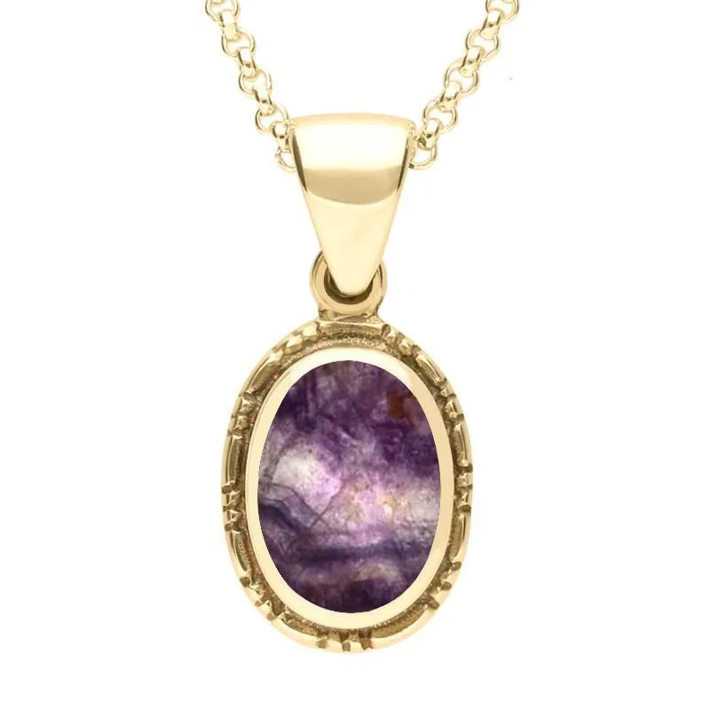 9ct Yellow Gold Blue John Oval Rope Edge Drop Necklace
