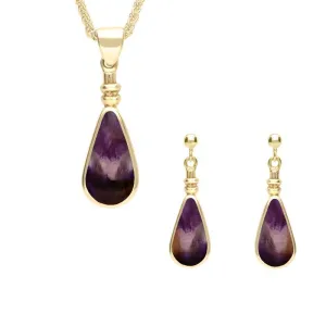 9ct Yellow Gold Blue John Pear Shaped Bottle Top Two Piece Set