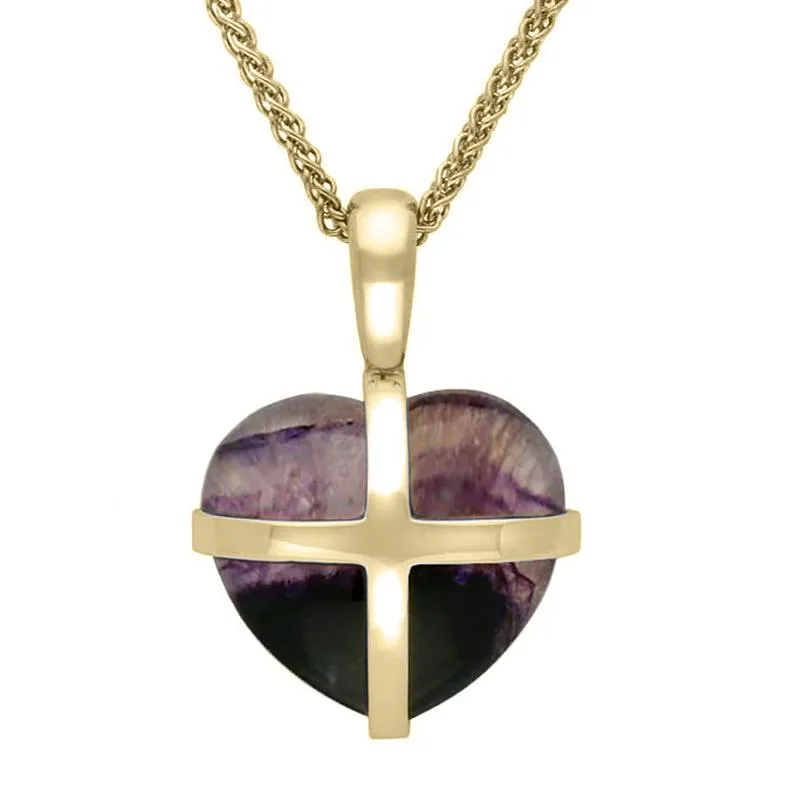 9ct Yellow Gold Blue John Small Cross Heart Necklace