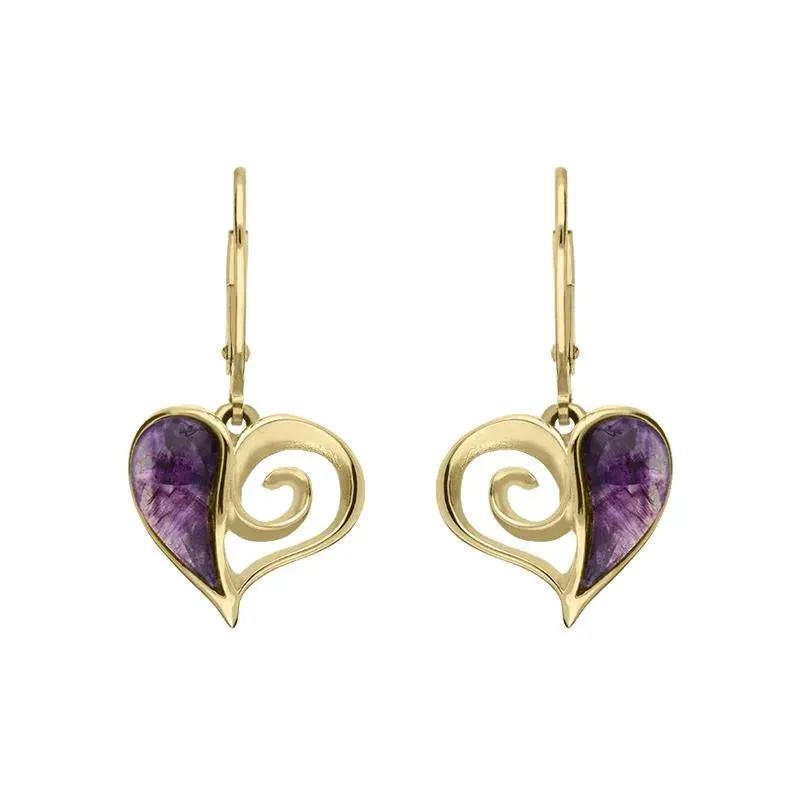 9ct Yellow Gold Blue John Swirl Heart Hook Drop Earrings