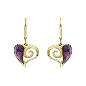 9ct Yellow Gold Blue John Swirl Heart Hook Drop Earrings