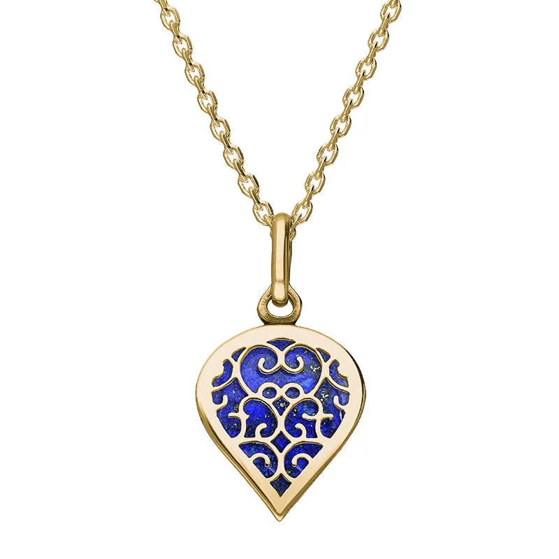 9ct Yellow Gold Lapis Lazuli Flore Filigree Small Heart Necklace