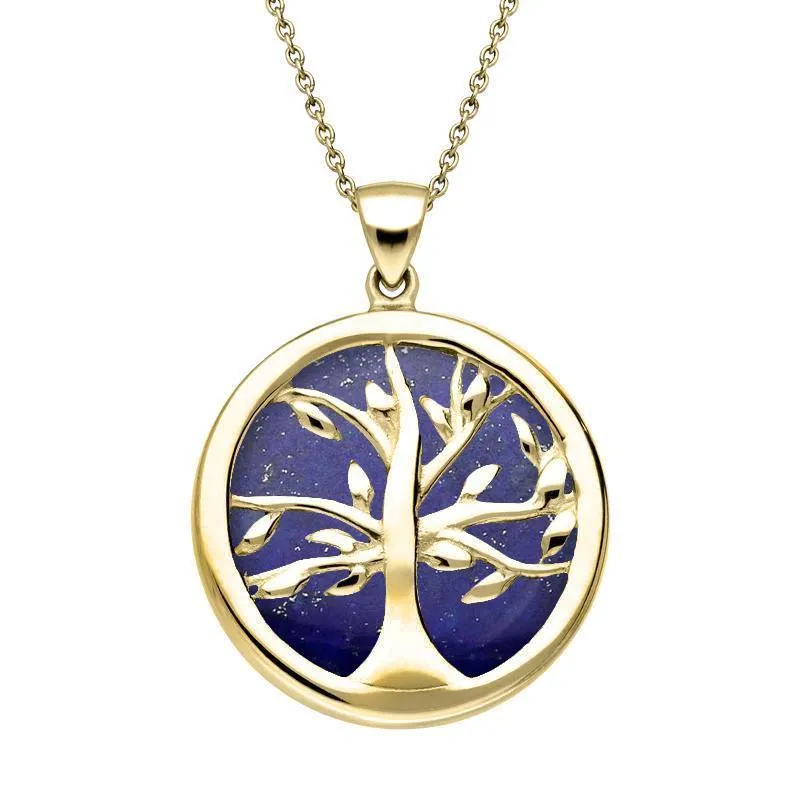 9ct Yellow Gold Lapis Lazuli Medium Round Tree of Life Necklace