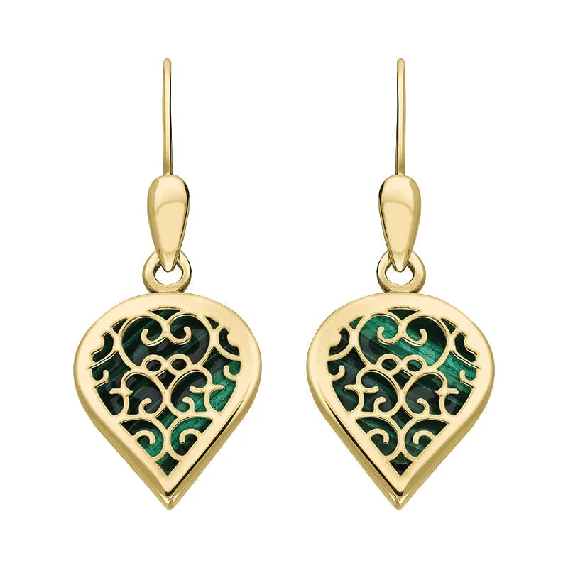 9ct Yellow Gold Malachite Flore Filigree Heart Drop Earrings