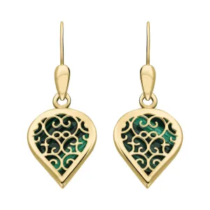 9ct Yellow Gold Malachite Flore Filigree Heart Drop Earrings
