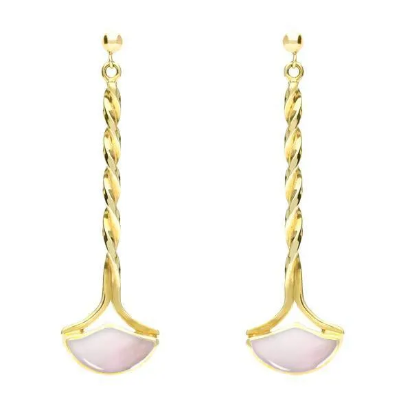 9ct Yellow Gold Pink Mother of Pearl Drop Twist Fan Earrings