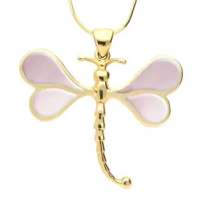 9ct Yellow Gold Pink Mother of Pearl Four Stone Dragonfly Necklace