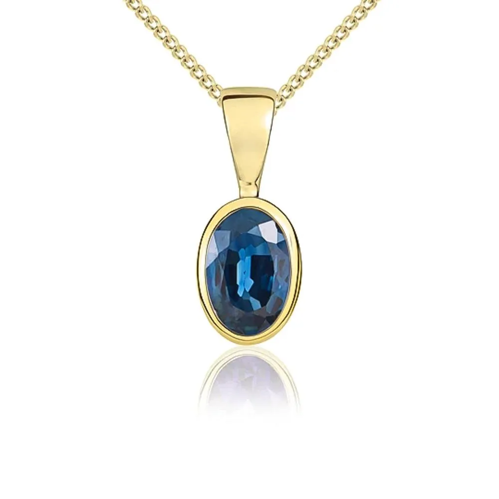 9ct Yellow Gold Sapphire 6x4mm Oval Rub Over Set Pendant and Stud Earrings Set