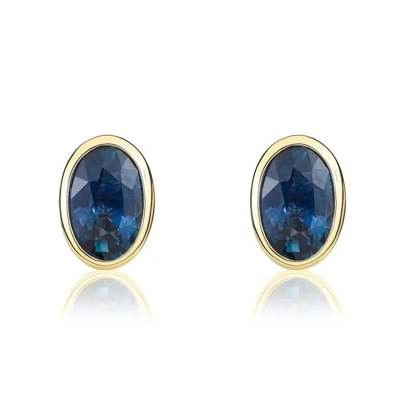 9ct Yellow Gold Sapphire 6x4mm Oval Rub Over Set Pendant and Stud Earrings Set