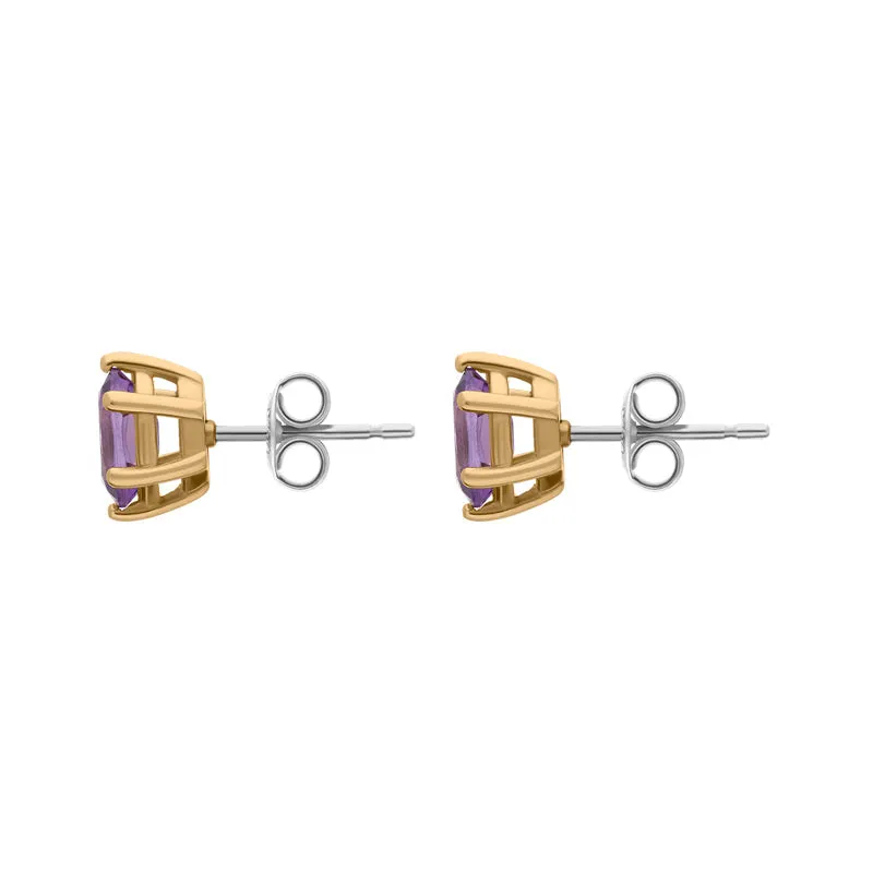 9ct Yellow Gold Sterling Silver Amethyst Stepping Stones 4x7mm Oval Claw Set Stud Earrings