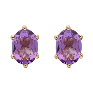 9ct Yellow Gold Sterling Silver Amethyst Stepping Stones 4x7mm Oval Claw Set Stud Earrings
