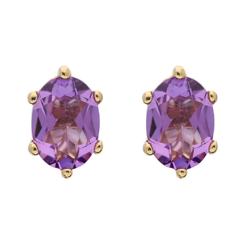 9ct Yellow Gold Sterling Silver Amethyst Stepping Stones 4x7mm Oval Claw Set Stud Earrings
