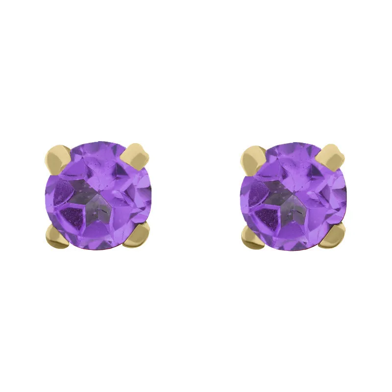 9ct Yellow Gold Sterling Silver Amethyst Stepping Stones 5mm Round Claw Set Stud Earrings