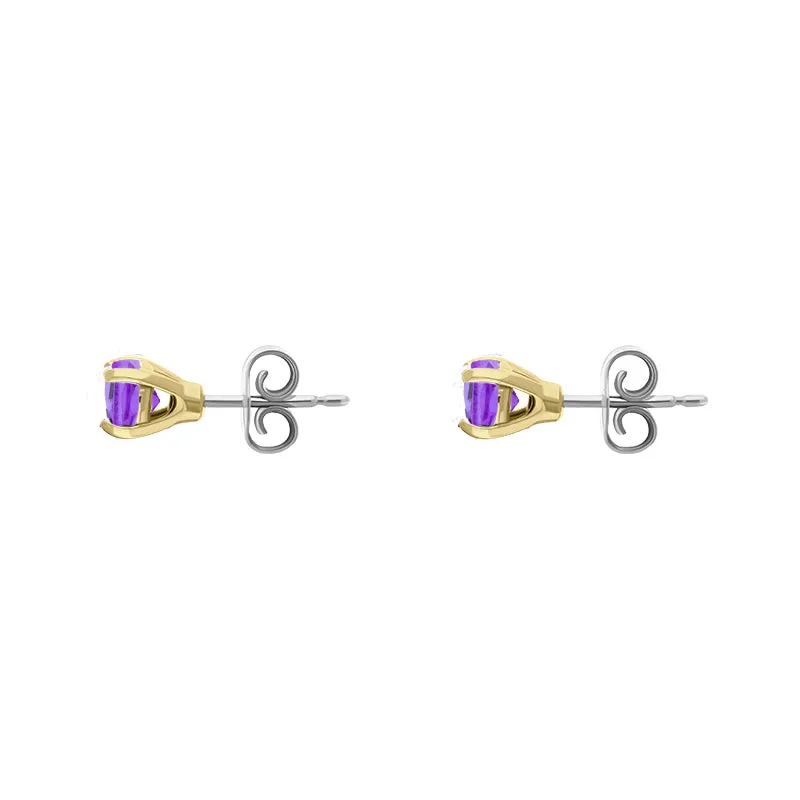 9ct Yellow Gold Sterling Silver Amethyst Stepping Stones 5mm Round Claw Set Stud Earrings