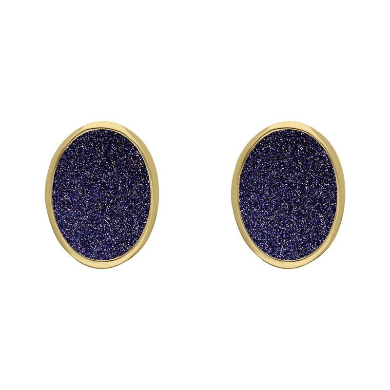 9ct Yellow Gold Sterling Silver Blue Goldstone Stepping Stones 6x8mm Oval Stud Earrings