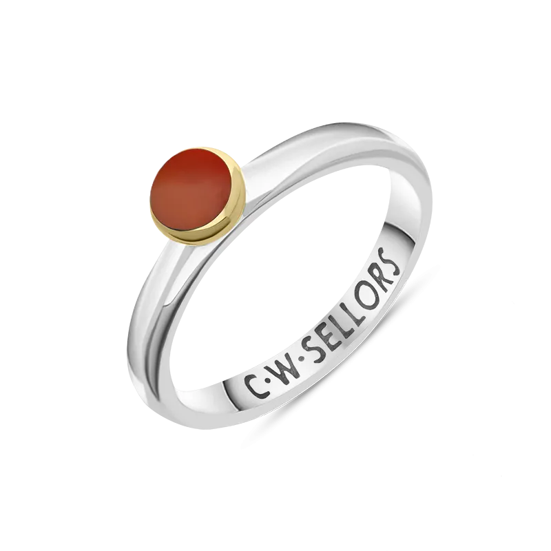 9ct Yellow Gold Sterling Silver Carnelian Stepping Stones 5mm Round Bezel Set Ring