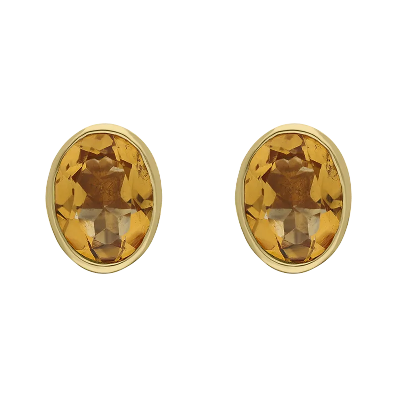 9ct Yellow Gold Sterling Silver Citrine Stepping Stones 6x8mm Oval Stud Earrings