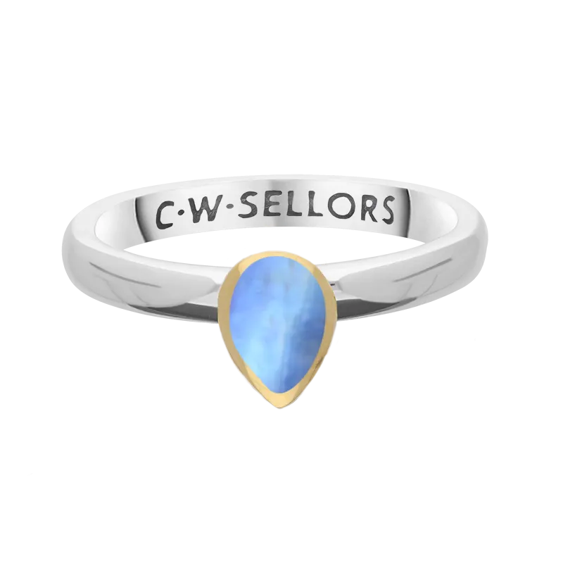 9ct Yellow Gold Sterling Silver Moonstone Stepping Stones 5x7mm Pear Cut Bezel Set Ring