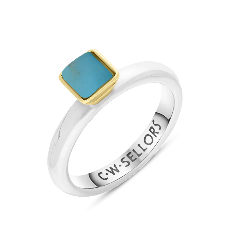 9ct Yellow Gold Sterling Silver Turquoise Stepping Stones 5mm Square Bezel Set Ring